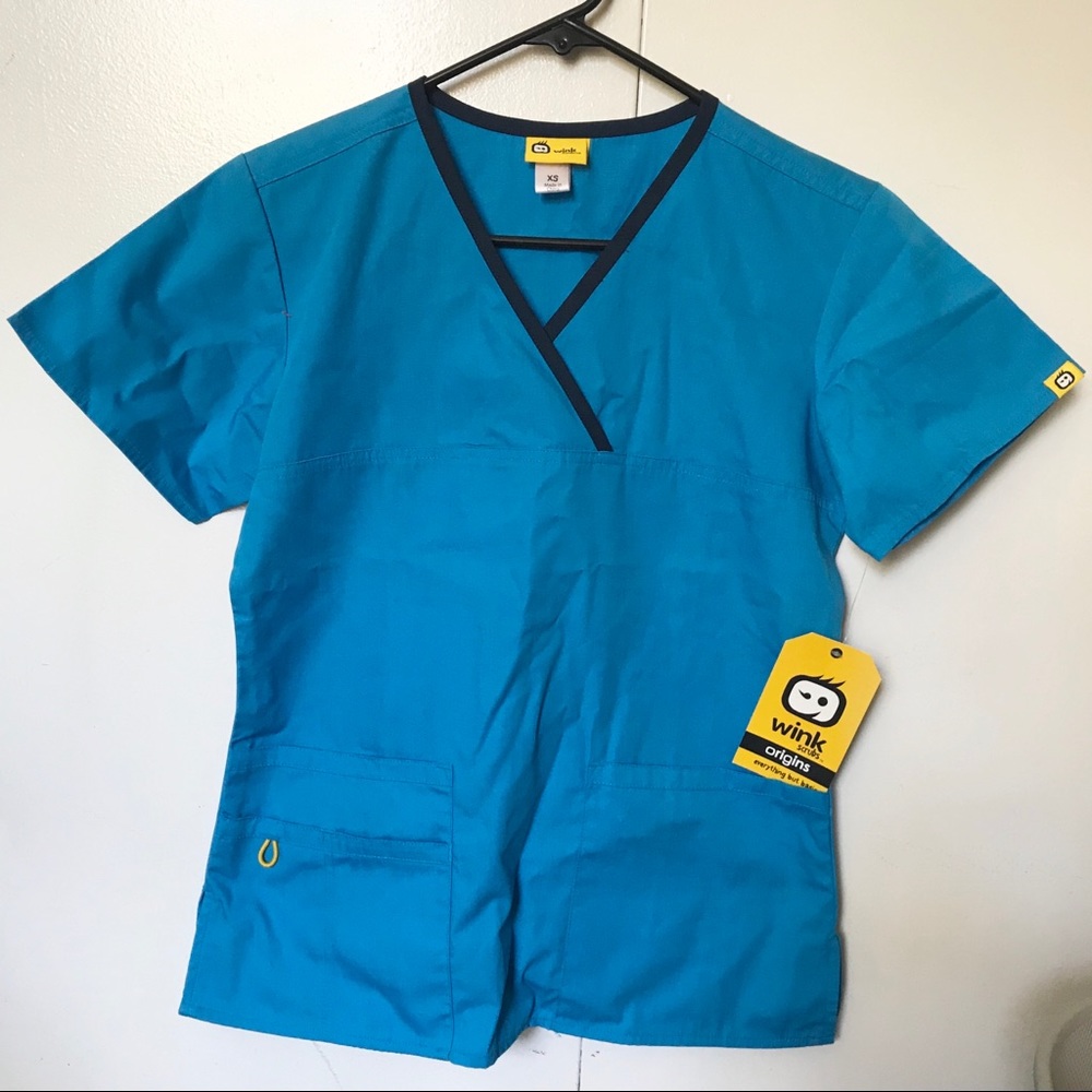 NWT WonderWink Charlie Y scrub top blue XS